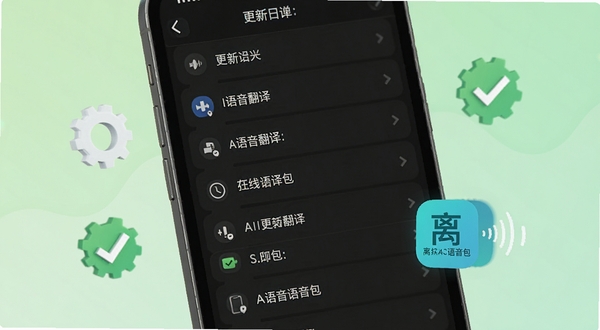 AI语音翻译王版本更新功能展示图,手机屏幕显示更新日志列表与新增离线语音包图标,背景为浅绿色渐变,点缀齿轮与对勾图标,风格清爽简洁
