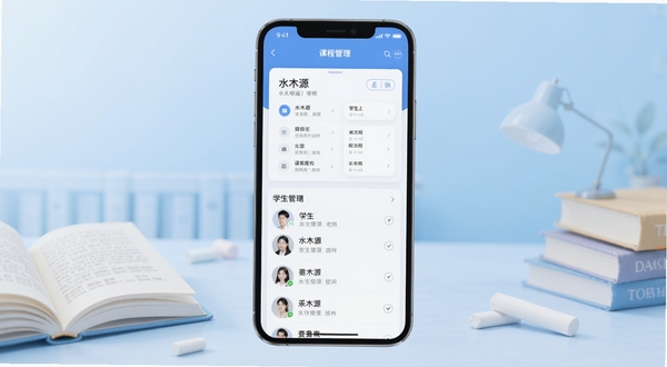 水木源(老师端)软件主界面展示图,画面中央为手机屏幕,屏幕上显示课程管理面板和学生列表,背景为淡蓝色渐变的教育场景,有书本和粉笔元素点缀,整体风格清新简洁,适配Boogu模型生成