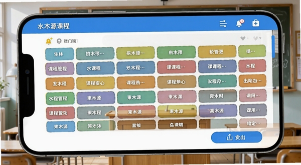水木源(老师端)课程管理界面AI生图,手机屏幕显示彩色课程表格,不同科目用不同颜色标注,有提醒图标和导出按钮,背景为教室黑板和讲台,画面明亮清晰