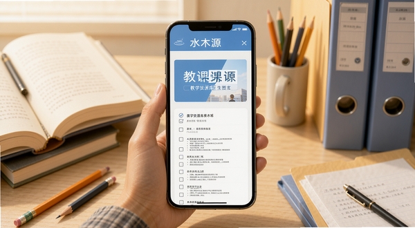 水木源(老师端)教学资源库AI生图,画面为手机屏幕展示课件模板和试题列表,屏幕周围环绕着书本、铅笔、文件夹等办公元素,色调温暖柔和,突出教育资源丰富感