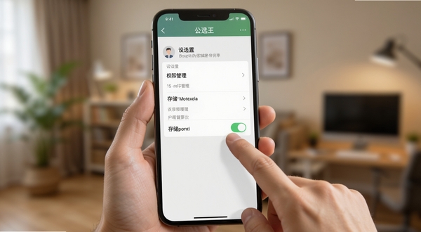 公选王遴选移动端操作指引图,画面展示一只手握持手机,屏幕显示应用设置页面中的权限管理选项,手指正点击存储权限开关,背景为模糊的室内环境,突出操作细节,适合Boogu模型生成