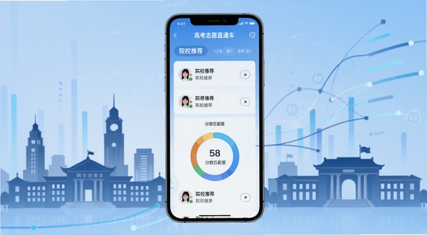 高考志愿直通车 软件主界面展示 手机屏幕中央显示院校推荐列表与分数匹配度环形图 背景为浅蓝色渐变 周围环绕高校建筑剪影与数据线条 整体风格简洁科技感 适配Boogu模型生成