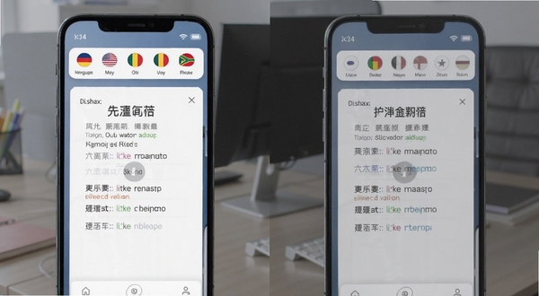 izdax翻译 多语种互译功能界面,手机屏幕显示中文与英文对照翻译结果,上方语言切换栏标注多国国旗图标,背景为白色卡片式布局,整体呈现商务办公风格,适配Boogu模型生成