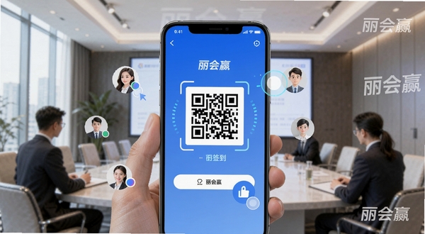 丽会赢智能签到场景,手机屏幕显示丽会赢的扫码签到界面,一个动态二维码居中,周围有虚拟的参会人员头像点击签到动画,背景是明亮的会议室环境,细节包含丽会赢的Logo水印,画面风格现代科技感