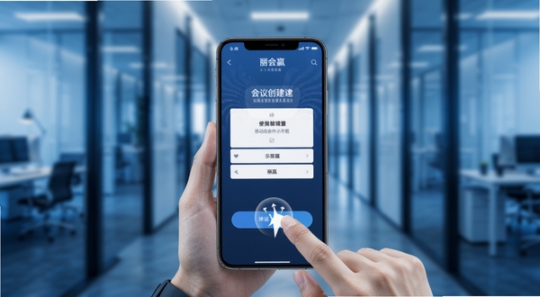 丽会赢移动端操作示意图,画面展示一部智能手机,屏幕上是丽会赢的会议创建页面,有手指点击按钮的动画示意,背景是虚化的办公室走廊,整体色调偏冷蓝,突出移动办公的便捷感
