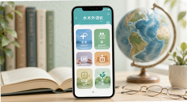 水木外语软件主界面展示,画面中央为手机屏幕,屏幕内呈现多语种学习模块入口,背景为柔和的书本与地球元素,整体色调清新自然,风格简约现代,突出语言学习氛围