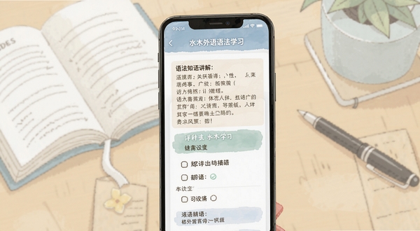 水木外语语法学习页面,画面中手机屏幕显示语法知识点讲解与练习题,界面排版清晰,配色柔和,背景有书本和笔的插画元素,体现学习场景