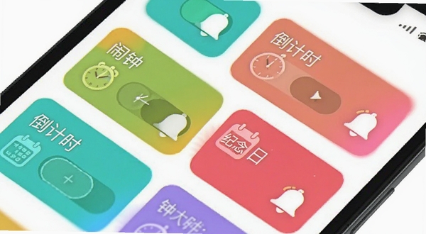 钟无忧软件内部提醒列表界面特写,手机屏幕中显示多个彩色提醒卡片,分别标注闹钟、倒计时、纪念日,卡片上有开关按钮和铃铛图标,背景为纯白,整体风格简洁明快