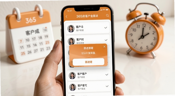 365房斗金客户跟进界面展示,手机屏幕显示客户列表和跟进提醒弹窗,背景有日历图标和闹钟元素,色调温暖橙色与白色搭配