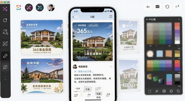 365房斗金营销素材生成界面,手机屏幕显示多款房源海报模板和朋友圈文案预览,背景有设计工具图标和调色板元素,整体风格清新明亮