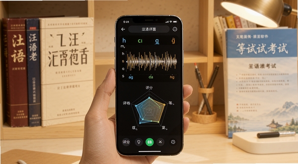 普通话等级测试软件主界面展示,画面中央是一部智能手机屏幕,屏幕上显示着拼音发音波形图和评分雷达图,背景是柔和的书房环境,书架上摆放着汉语词典和考试资料,整体色调温暖明亮,突出学习氛围与科技感