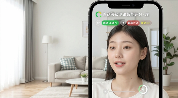 普通话等级测试智能评分界面,手机屏幕显示一位年轻女性正在朗读,屏幕上方出现绿色正确发音提示和红色错误提示,旁边有分数圆环,背景是简约的现代客厅,画面风格清新明快