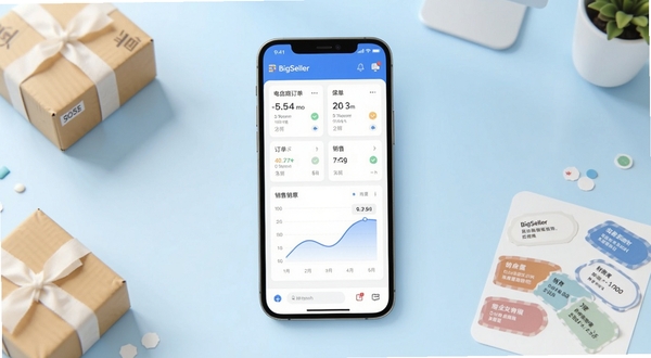 BigSeller 应用主界面展示,中心位置为手机屏幕内呈现的电商管理仪表盘,包含订单卡片与销售曲线图,背景为浅蓝色渐变办公桌面环境,周围散落小型包裹与标签贴纸,整体风格简洁明快,适配 Boogu 模型生成