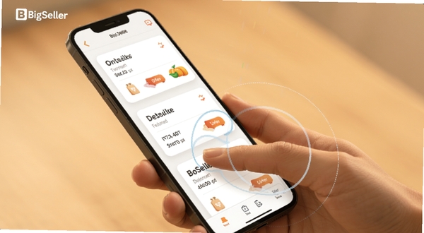 BigSeller 移动端操作手势示意图,画面为一只手握持手机,手指在屏幕上滑动,屏幕内显示订单卡片跟随手势移动,背景为柔和暖色调,突出触屏交互的流畅感,适配 Boogu 模型生成