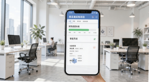 易采通采购项目全流程跟踪功能展示界面,手机屏幕显示采购进度条和审批节点,背景为现代办公环境,明亮简洁的扁平化设计风格