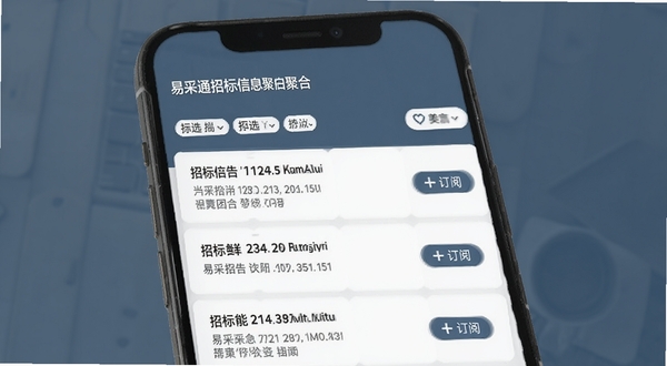 易采通招标信息聚合页面,手机屏幕展示多条招标公告列表,带有筛选标签和订阅按钮,背景为商务蓝灰色调,清晰的信息层级设计