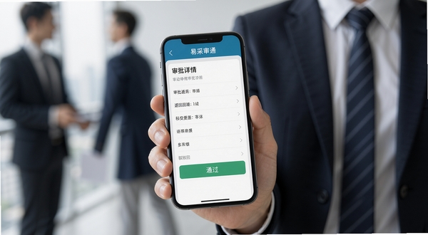 易采通移动审批功能展示,手机屏幕显示审批详情页和通过驳回按钮,界面简洁专业,背景为商务人士手持手机的特写场景