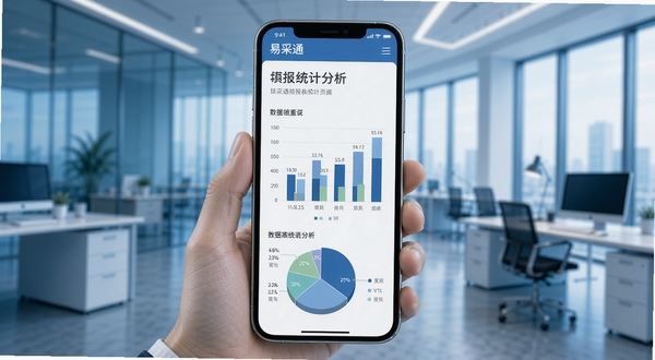 易采通数据报表统计分析页面,手机屏幕展示柱状图和饼状图,数据清晰直观,背景为现代企业办公环境,冷色调商务风格