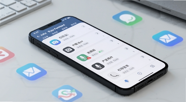 一部手机平放在桌面上,屏幕亮起显示安全智能管控的权限监控页面,页面中列出多个应用图标及其权限调用记录,摄像头和麦克风图标旁有红色提醒标记。手机周围散落着几个半透明的应用图标,背景为浅灰色办公桌面,光线柔和,画面清晰展现权限管控的细节。