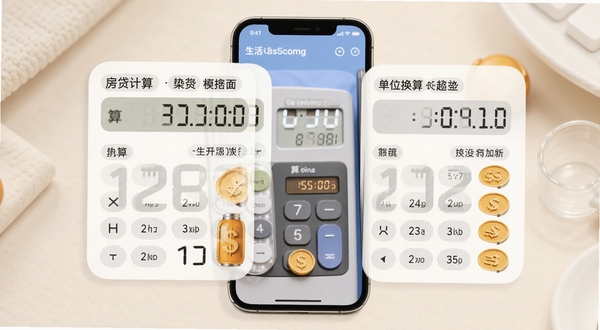 算计算器全算 生活模板功能界面 画面主体为房贷计算与单位换算卡片 手机屏幕居中显示 背景为柔和米白色 卡片采用圆角设计 数字清晰可读 体现多场景计算能力