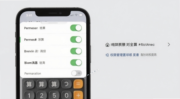 算计算器全算 设置界面与权限管理页面 画面主体为手机屏幕显示权限开关列表 背景为浅灰色 突出隐私安全与权限控制 风格简洁商务