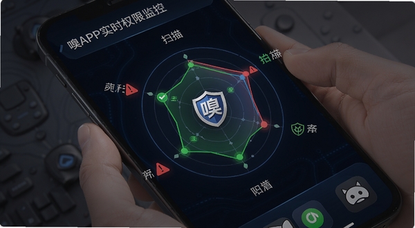 嗅盾APP实时权限监控功能界面,手机屏幕显示一个动态雷达图,正在扫描各个应用的权限调用情况,屏幕上有红色警告标记和绿色安全标记,背景为深色科技风格,画面中央有嗅盾的盾牌LOGO,细节丰富,适配Boogu模型生成