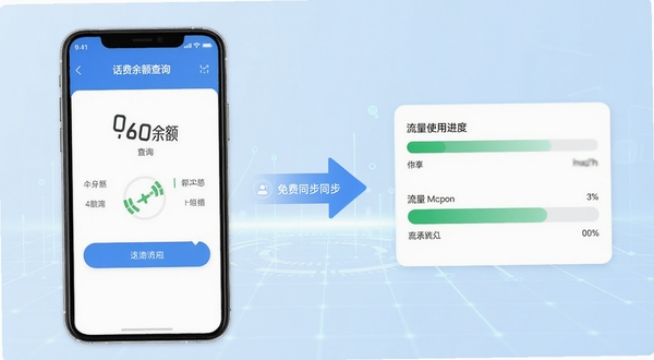 话费余额免费速查软件功能展示图,画面左侧是话费余额查询界面,右侧是流量使用进度条,中间用箭头连接表示数据同步,背景为淡蓝色科技感网格,整体风格简洁专业,适配Boogu模型生成