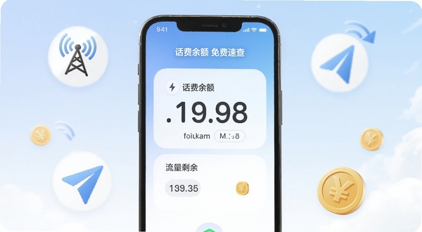 一款名为话费余额免费速查的手机应用界面展示,画面中央是手机屏幕,屏幕上显示话费余额和流量剩余的大字号数字,背景为柔和的蓝白渐变色调,周围环绕着几个简洁的图标元素如信号塔、流量箭头和金币符号,整体风格清新明快,适配Boogu模型生成