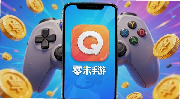 零氪手游官方主界面展示,手机屏幕中央清晰显示应用图标与名称,背景为游戏手柄与金币元素环绕,画面风格明亮活泼,适合作为软件下载站头图,Boogu模型生成