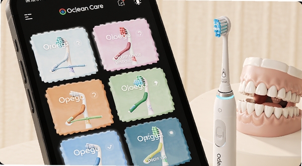 Oclean Care 个性化刷牙方案设置界面,手机屏幕显示多种刷牙模式卡片,画面右侧是一支 Oclean 智能牙刷与牙齿模型,背景为柔和的暖白色调,细节清晰,适合 Boogu 模型生成