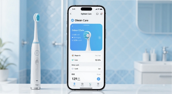 Oclean Care 软件主界面展示,画面中央是一部智能手机竖屏显示 App 的刷牙数据报告页面,背景是浅蓝色渐变的家用卫生间环境,画面左侧放置一支白色智能声波牙刷,整体风格清新明亮,适合 Boogu 模型生成