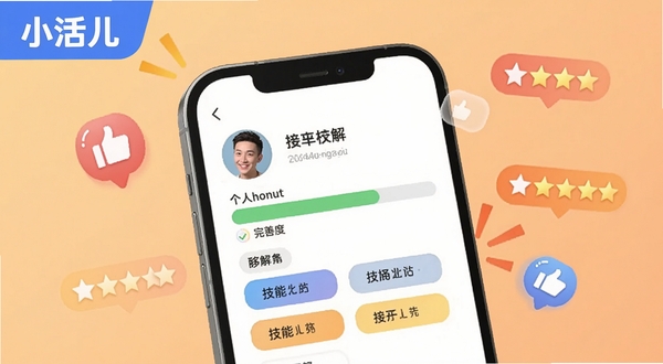 小活儿接单技巧图解,画面以手机屏幕为中心展示个人资料完善度进度条与技能标签选择界面,背景为浅橙色渐变,周围漂浮点赞图标与五星评价符号,风格活泼明快,软件名称小活儿出现在屏幕左上角,适配Boogu模型生成