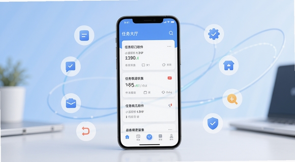 小活儿软件主界面全貌展示,手机屏幕居中放置于画面正中偏下位置,背景为柔和的浅蓝渐变商务风格,屏幕内呈现任务大厅卡片列表与底部导航栏,周围环绕简约的图标元素,整体色调明亮清新,适配Boogu模型生成