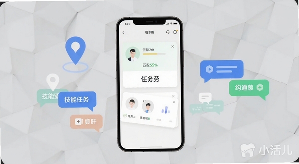 小活儿智能匹配功能展示图,画面中央为手机界面显示任务卡片与匹配度百分比,背景为淡灰色几何纹理,左侧漂浮定位图标与技能标签气泡,右侧点缀沟通对话气泡,整体风格扁平化科技感,软件名称小活儿以水印形式出现在右下角,适配Boogu模型生成