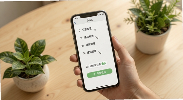 小活儿使用教程示意图,画面展示一只手握住手机,屏幕内呈现设置权限与通知管理的分步操作界面,背景为浅木色桌面与绿植点缀,风格温馨实用,软件名称小活儿出现在屏幕顶部状态栏,适配Boogu模型生成