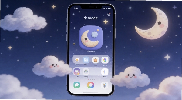 画面中心为一部智能手机,屏幕上显示小睡眠应用主界面,深蓝色夜空背景点缀柔和星光,手机周围环绕着漂浮的云朵和月亮元素,整体色调宁静舒缓,适配Boogu模型生成。