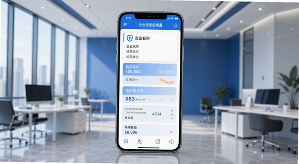 一款名为企业信息信用通的手机应用界面展示,画面中央为手机屏幕,屏幕中呈现企业信用查询结果页面,包含企业名称、经营状态、信用评分等模块,背景为现代商务办公场景,色调以蓝白为主,简洁专业风格,Boogu模型生成