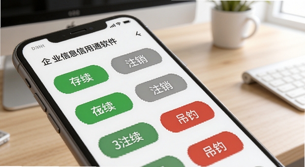 企业信息信用通软件中经营状态实时跟踪功能展示,手机屏幕特写,画面显示多家企业的经营状态标签,存续为绿色、注销为灰色、吊销为红色,背景为简洁的办公桌面,光线明亮柔和,Boogu模型生成