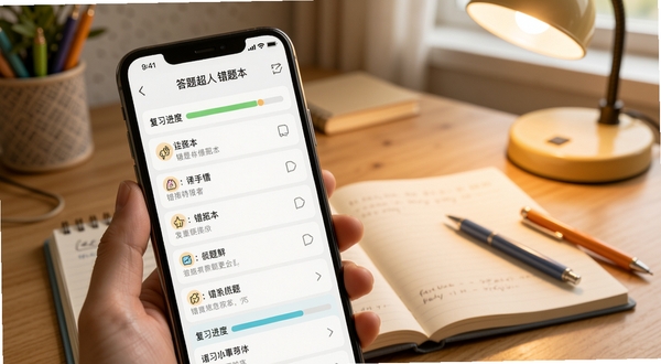 答题超人 错题本界面 手机屏幕显示错题列表与复习进度条 背景为书桌与文具 温馨学习氛围