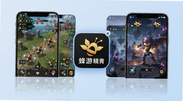 蜂游精 多游戏适配展示图,画面中并排展示三款不同风格手机游戏界面,中间有蜂游精悬浮窗图标,背景为淡蓝色渐变,整体呈现科技感与游戏感融合的视觉效果