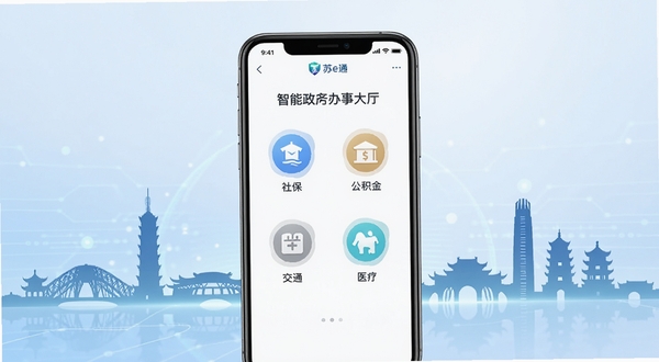 一款名为苏e通的手机应用界面展示图,画面中央是手机屏幕,屏幕内显示智慧政务办事大厅首页,包含社保、公积金、交通、医疗等多个服务图标,背景为江苏城市地标剪影与淡蓝色渐变科技感底色,整体风格简洁清爽