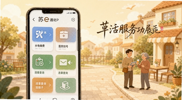 苏e通APP生活服务功能展示图,手机屏幕中呈现水电缴费、医院挂号、违章查询等生活服务卡片式布局,背景为温馨的社区生活场景插画,色调柔和温暖,突出便民属性
