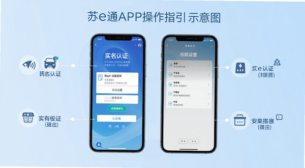 苏e通APP操作指引示意图,画面展示手机屏幕中实名认证步骤和权限设置界面,旁边配有简洁的图文标注,背景为淡蓝色渐变,整体风格清晰易懂