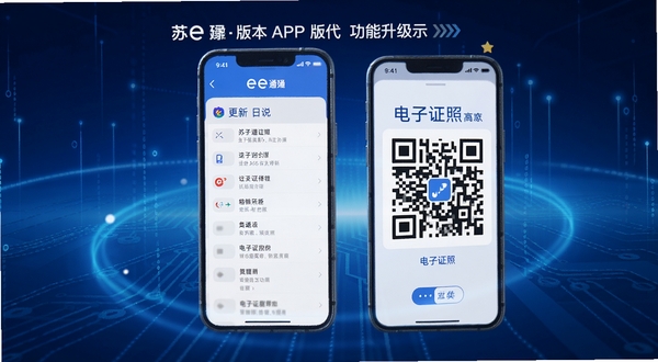 苏e通APP版本更新功能展示图,手机屏幕中显示更新日志页面和电子证照二维码界面,背景为科技感蓝色光效,突出版本迭代与功能升级主题