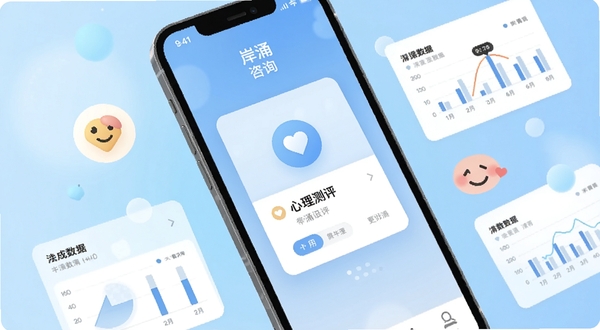 岸涌咨询 手机应用主界面 中心位置展示心理测评卡片 背景为柔和渐变蓝色调 周围环绕心情图标与数据图表 整体风格清新简约 适配手机屏幕比例 高清细节 扁平化设计