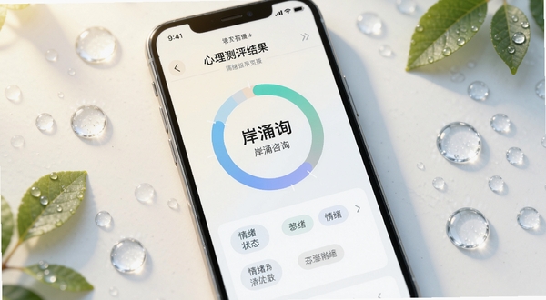 岸涌咨询 心理测评结果页面 手机屏幕中央显示环形得分图 下方列出情绪状态标签 背景为浅色渐变 周围点缀树叶与水滴元素 柔和光线 清晰界面细节
