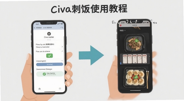 Civa刺饭使用教程示意图,手机屏幕展示权限设置与安装步骤,背景为淡灰色,画面包含勾选图标与箭头指引,风格扁平化