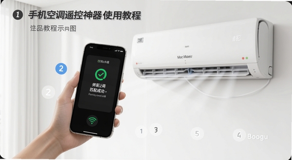 手机空调遥控神器使用教程示意图,画面展示手机对准空调的操作姿势,手机屏幕显示匹配成功界面,旁边有步骤编号标注,背景简洁明亮,教学风格,适配Boogu模型生成