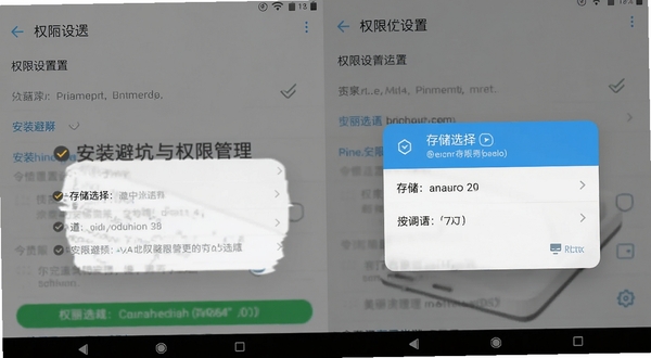 Ai美丽优选安卓手机操作界面截图,展示权限设置页面与存储选择弹窗,画面中有清晰的勾选按钮和提示文字,背景为浅灰色系统设置界面,突出安装避坑与权限管理主题