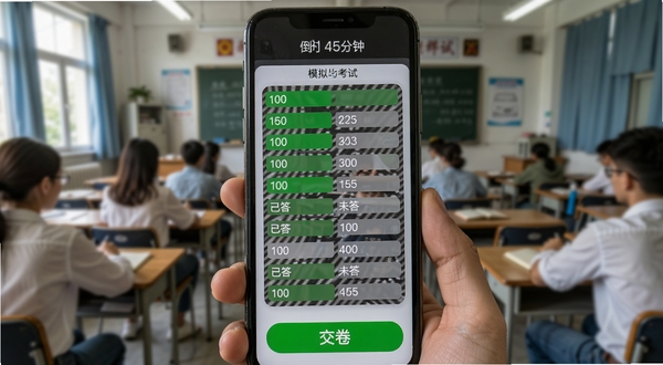驾照科目一考试 模拟考试界面 手机屏幕显示100道题的答题卡 绿色代表已答 灰色代表未答 顶部有倒计时45分钟 底部有交卷按钮 背景是考试教室场景 风格写实